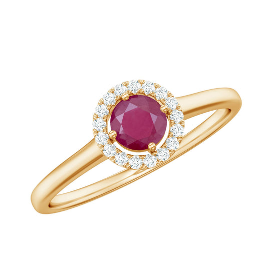 Anillo de compromiso de rubí genuino con halo de diamantes