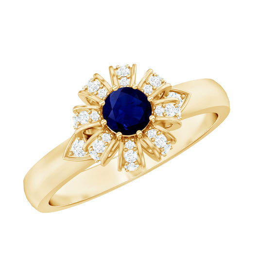 Anillo de compromiso de flor con zafiro azul natural y diamante