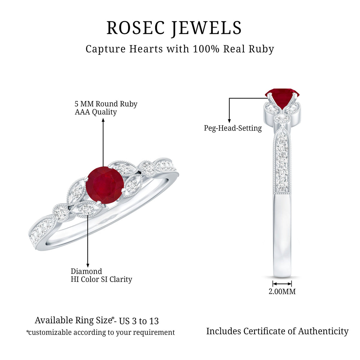 Anillo de compromiso de oro con rubí y diamante de 0,6 quilates para mujer, estilo vintage
