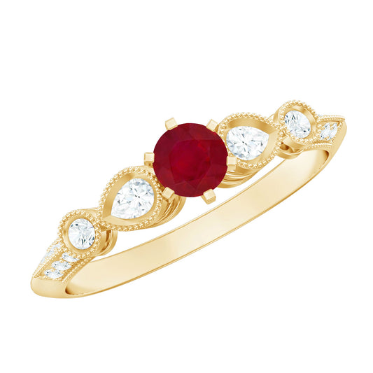 Auténtico anillo de compromiso con rubí de inspiración vintage con diamante