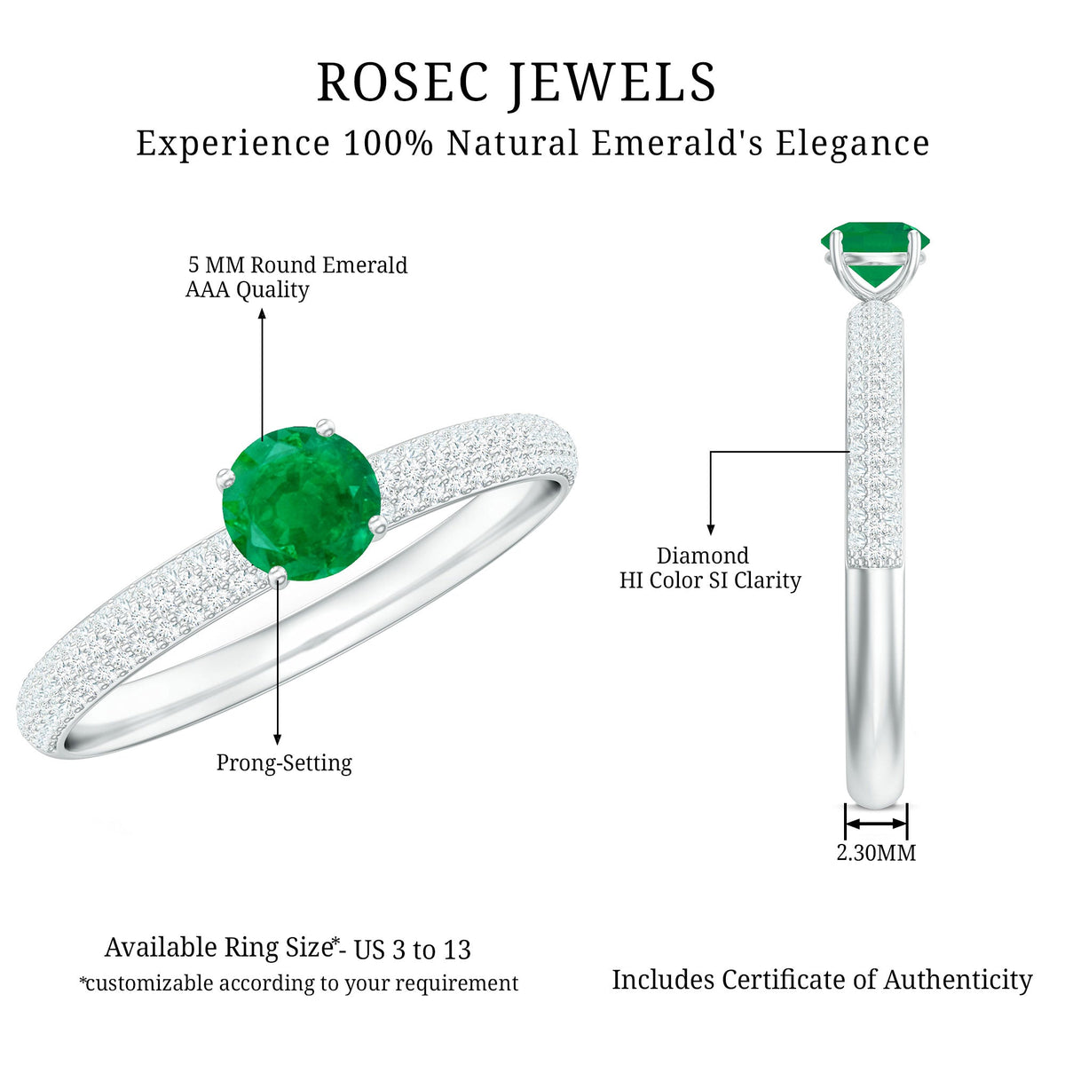 Anillo de compromiso clásico esmeralda solitario con diamantes laterales auténticos