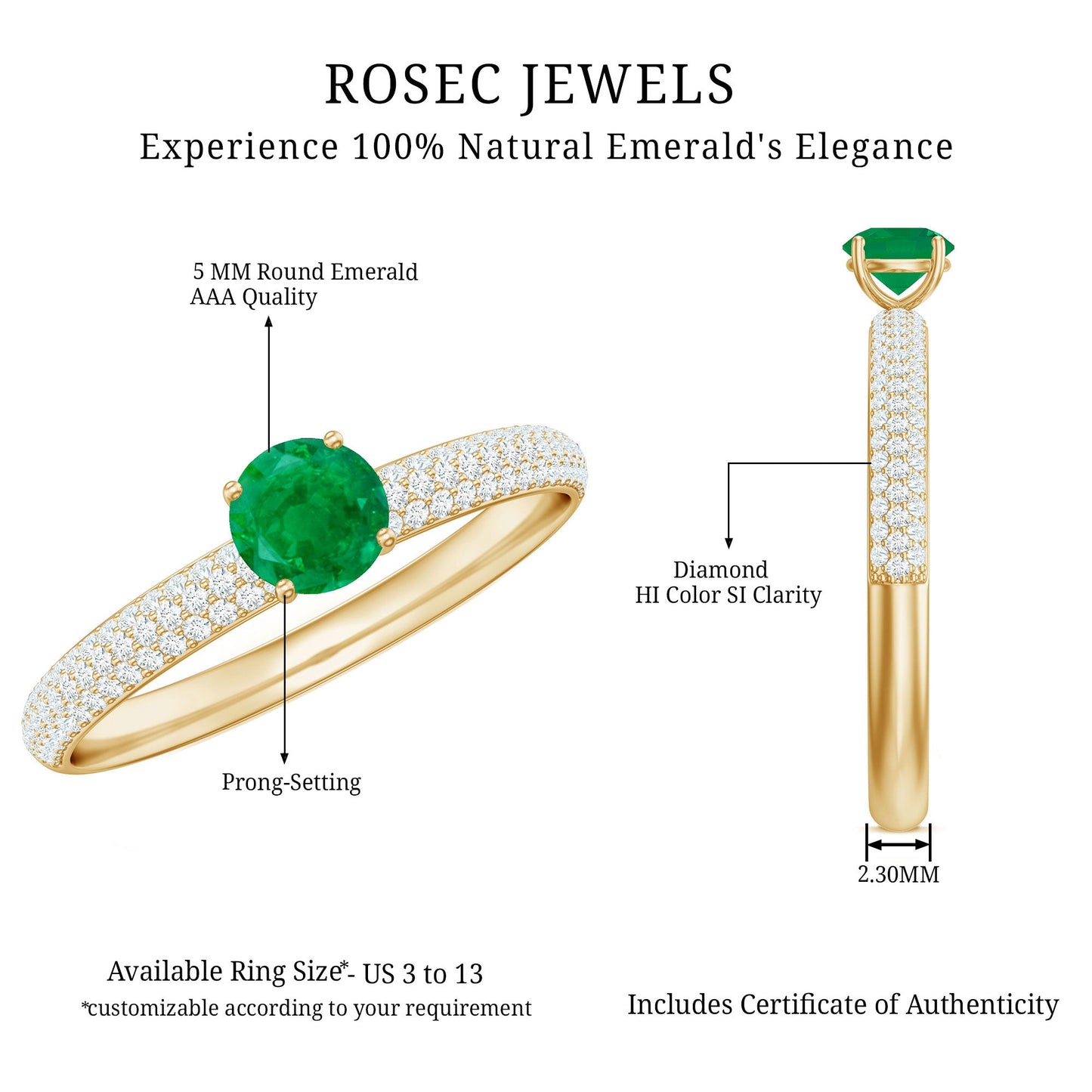 Anillo de compromiso clásico esmeralda solitario con diamantes laterales auténticos