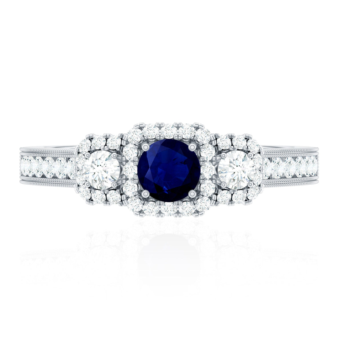 Vintage Inspired Blue Sapphire 3 Stone Engagement Ring with Diamond