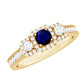 Vintage Inspired Blue Sapphire 3 Stone Engagement Ring with Diamond