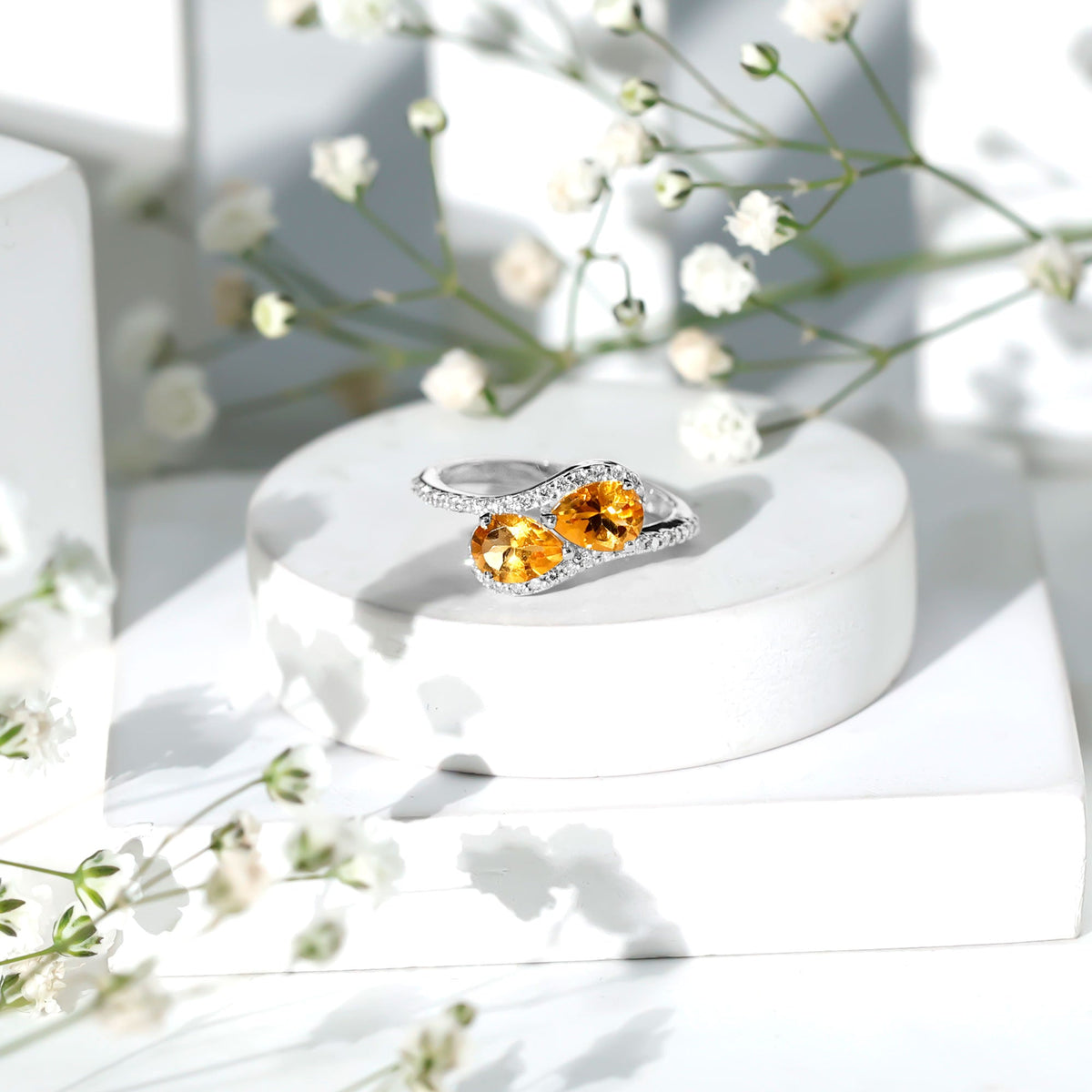 Pear Shape Citrine Two Stone Engagement Ring with Diamond
