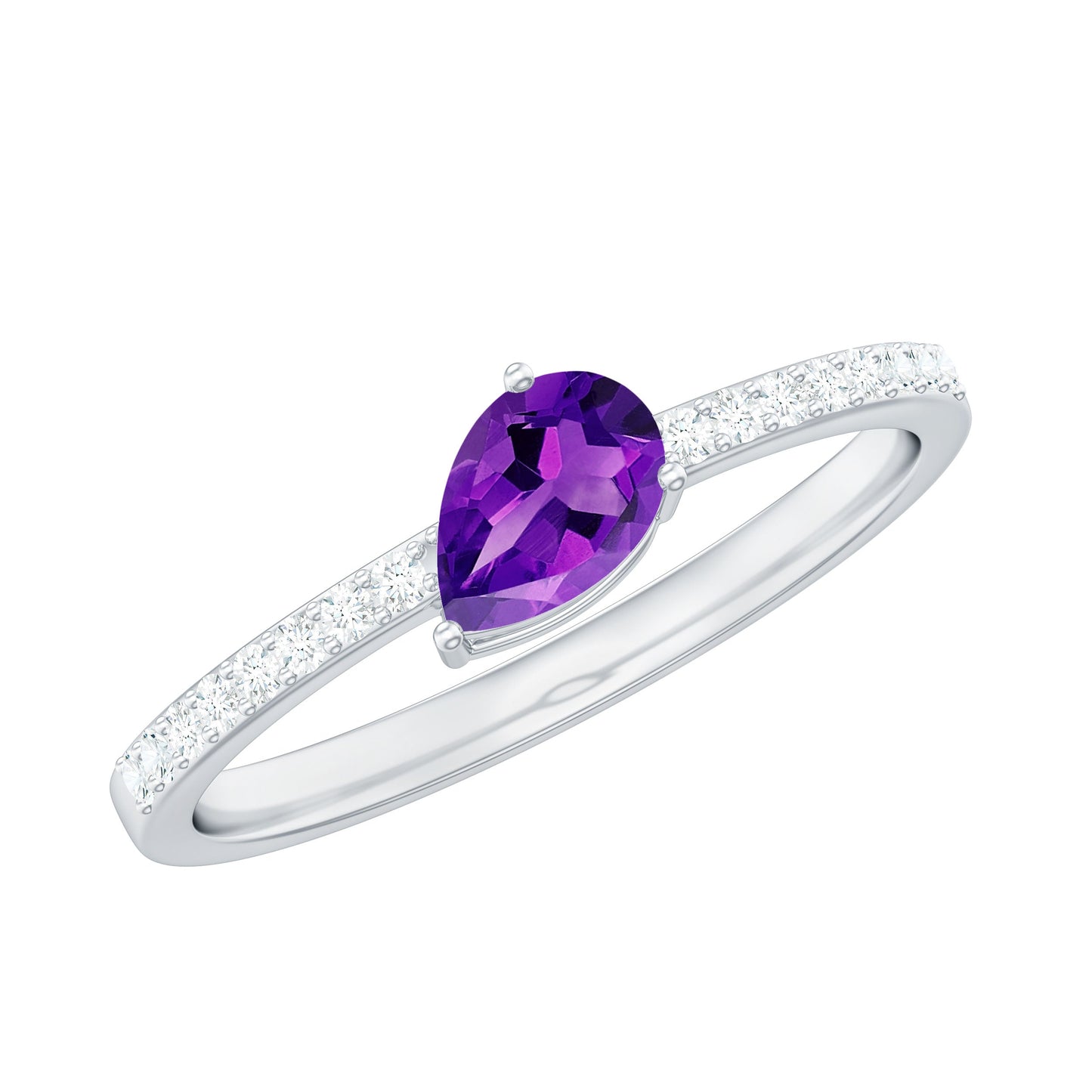 Anillo de compromiso de amatista natural de 1 quilate con forma de pera y diamante
