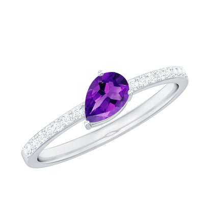 Anillo de compromiso de amatista natural de 1 quilate con forma de pera y diamante