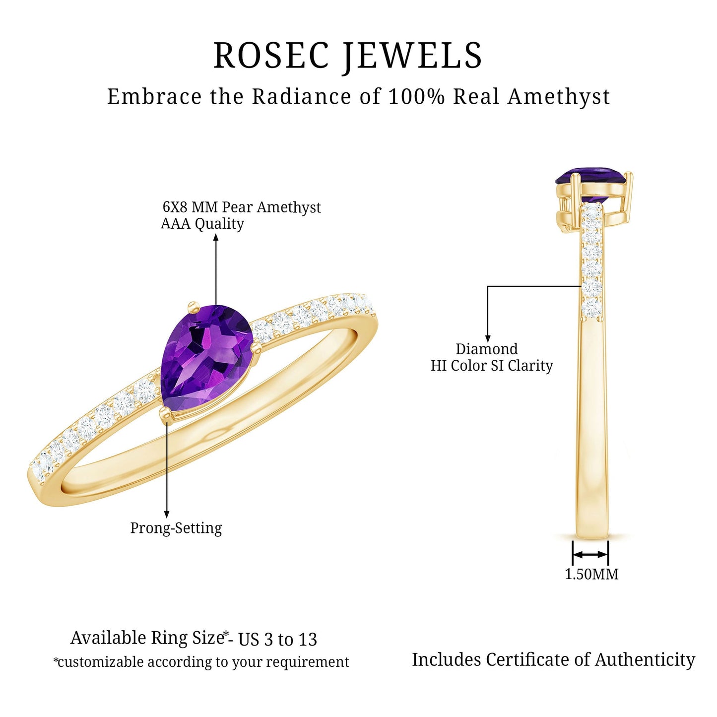 Anillo de compromiso de amatista natural de 1 quilate con forma de pera y diamante