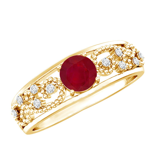 Anillo de compromiso vintage con rubí natural de 0,6 quilates y diamante