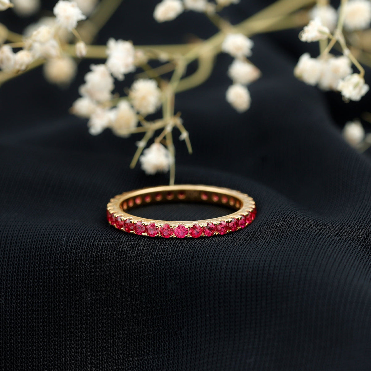 French Pave Set Lab Grown Ruby Stackable Eternity Band