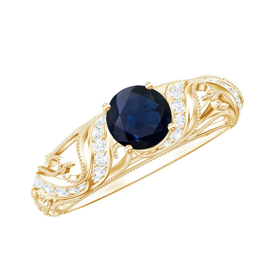 Anillo de Compromiso Vintage Certificado de Zafiro Azul y Diamantes de 0.9 Quilates