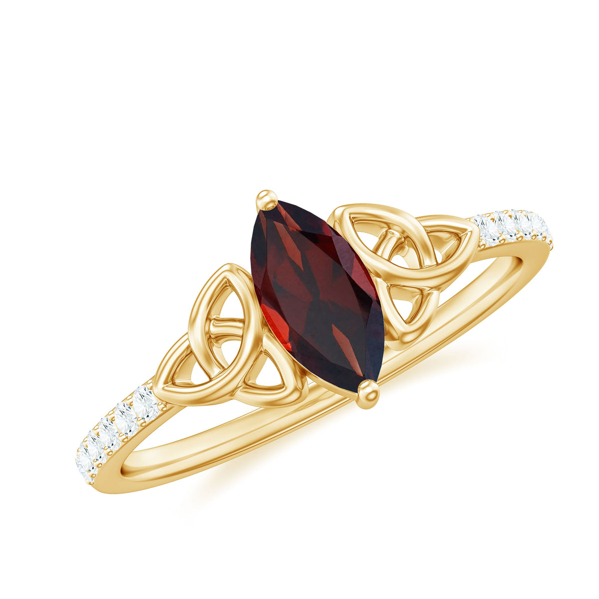 Anillo de compromiso de oro con granate auténtico, diamante marquesa y nudo celta