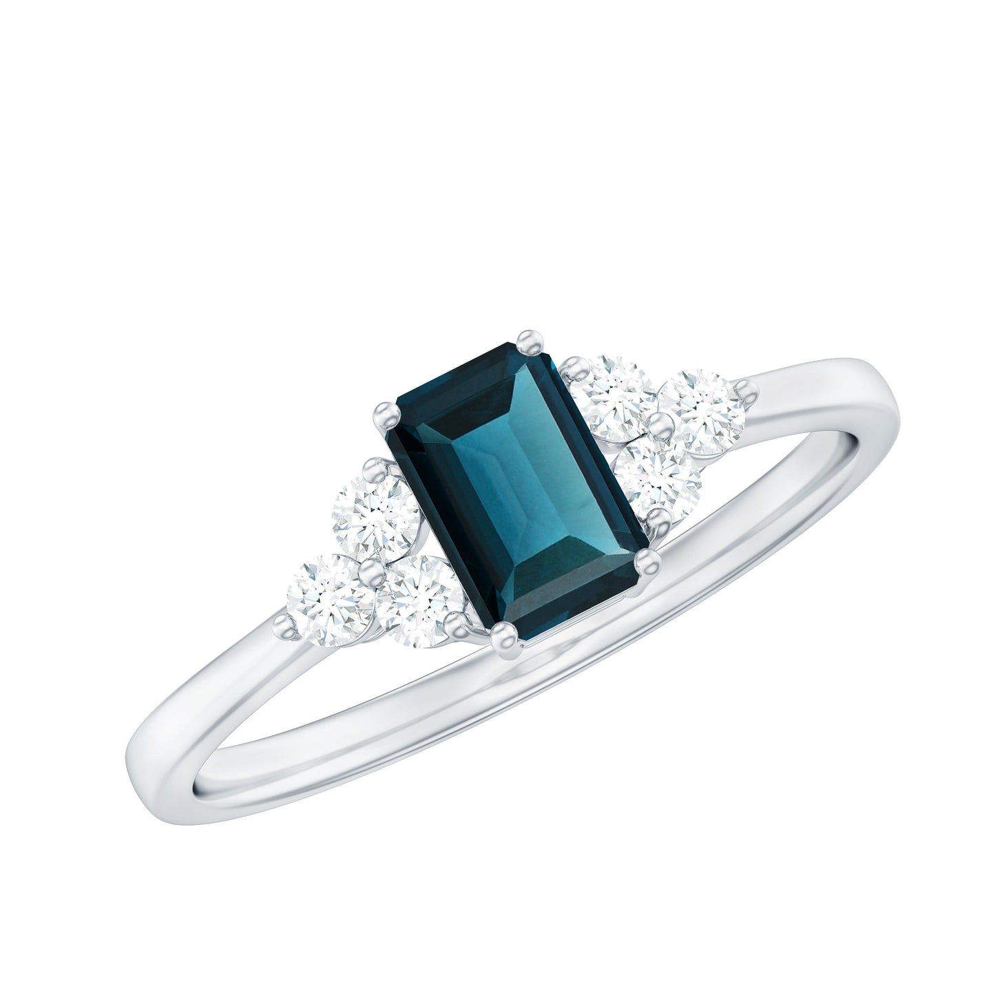 Anillo de compromiso de topacio azul de Londres talla esmeralda con trío de diamantes