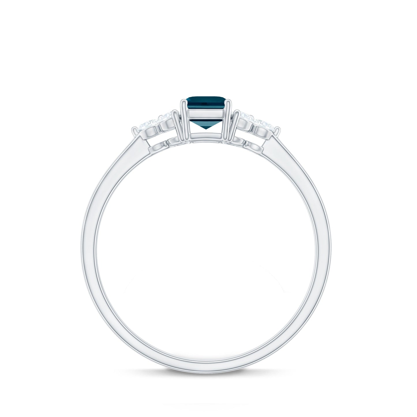 Anillo de compromiso de topacio azul de Londres talla esmeralda con trío de diamantes
