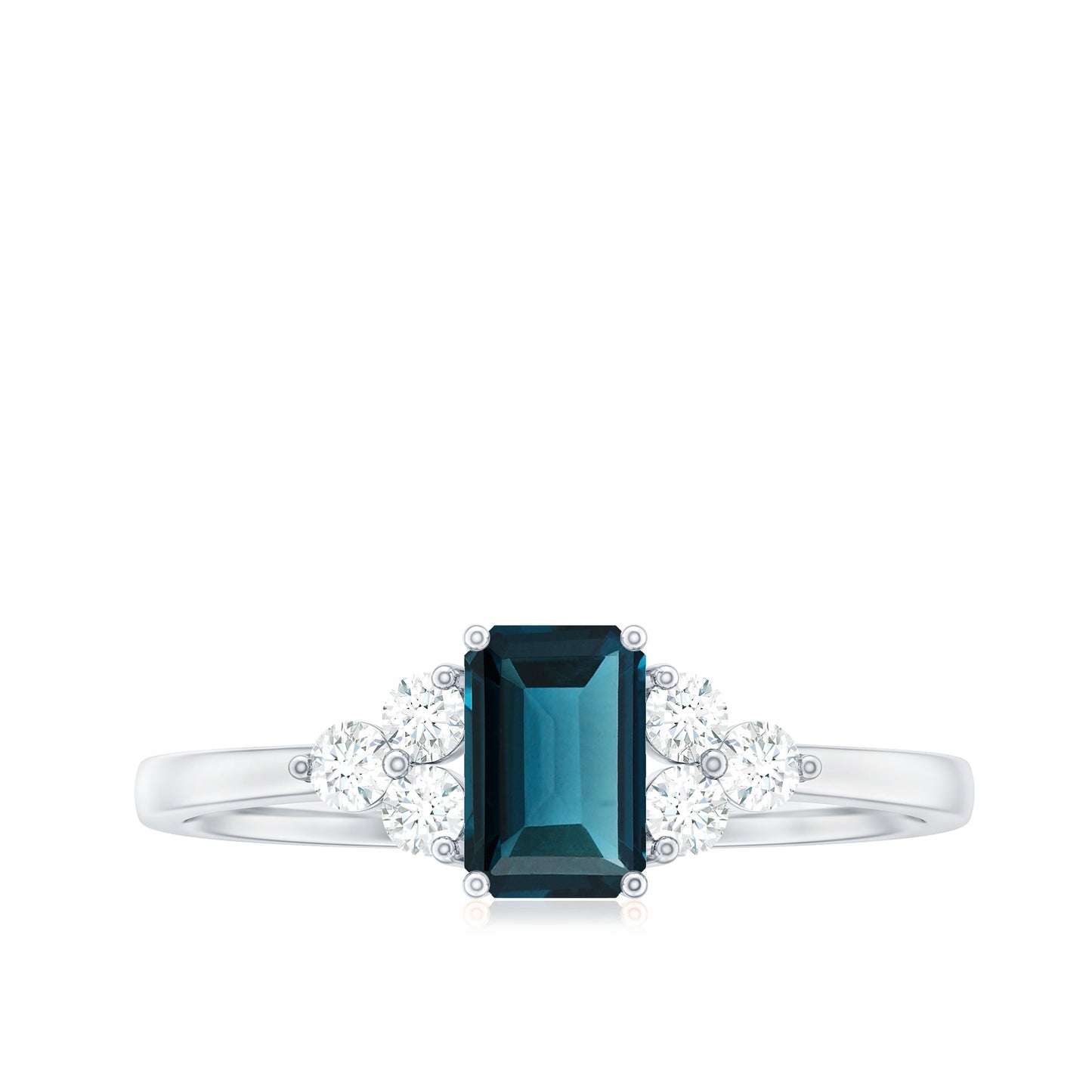 Anillo de compromiso de topacio azul de Londres talla esmeralda con trío de diamantes
