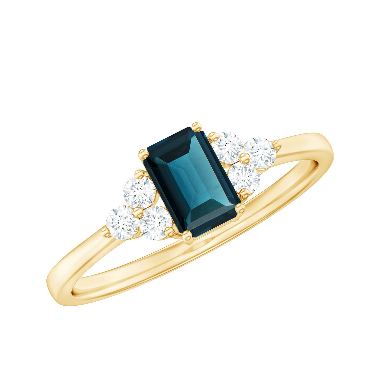 Anillo de compromiso de topacio azul de Londres talla esmeralda con trío de diamantes