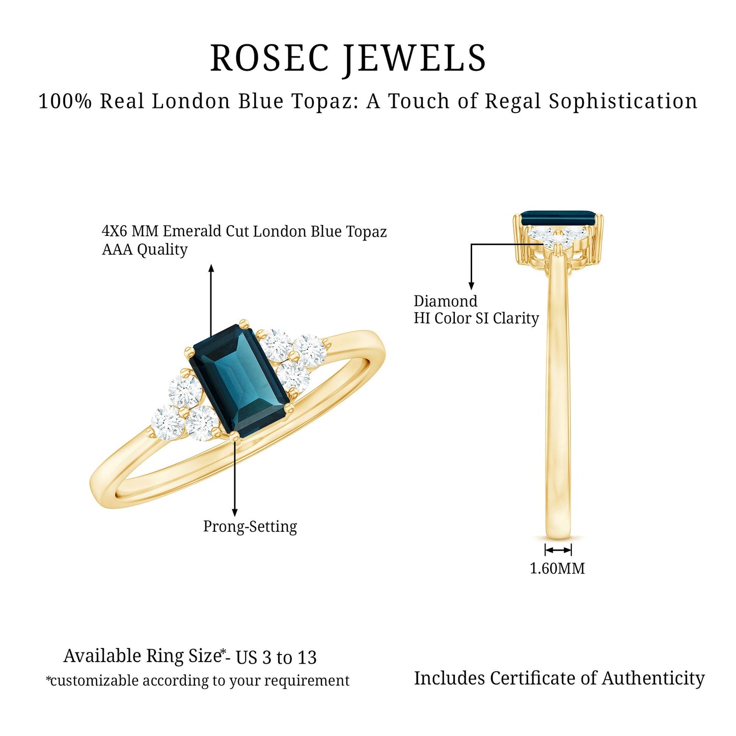 Anillo de compromiso de topacio azul de Londres talla esmeralda con trío de diamantes