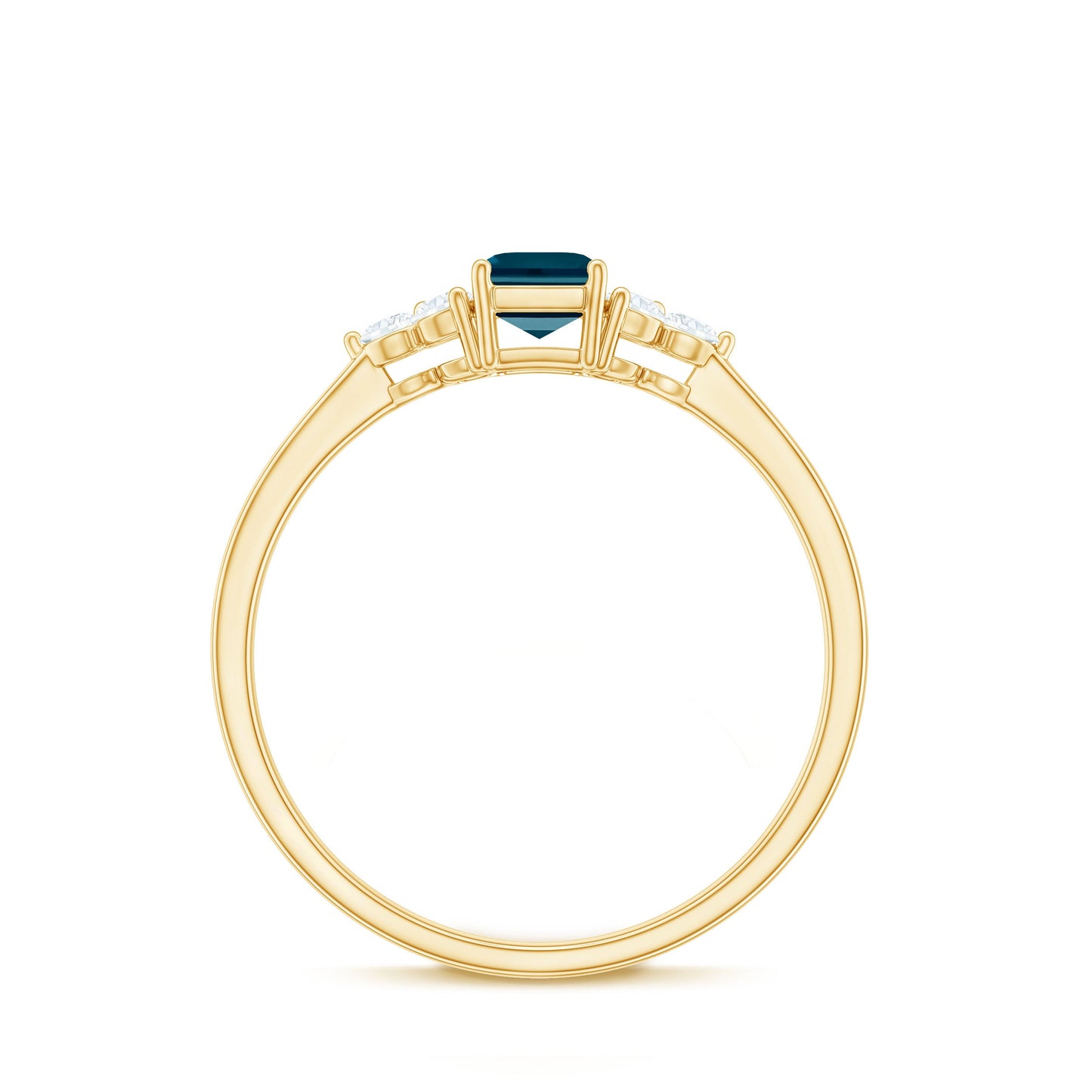 Anillo de compromiso de topacio azul de Londres talla esmeralda con trío de diamantes