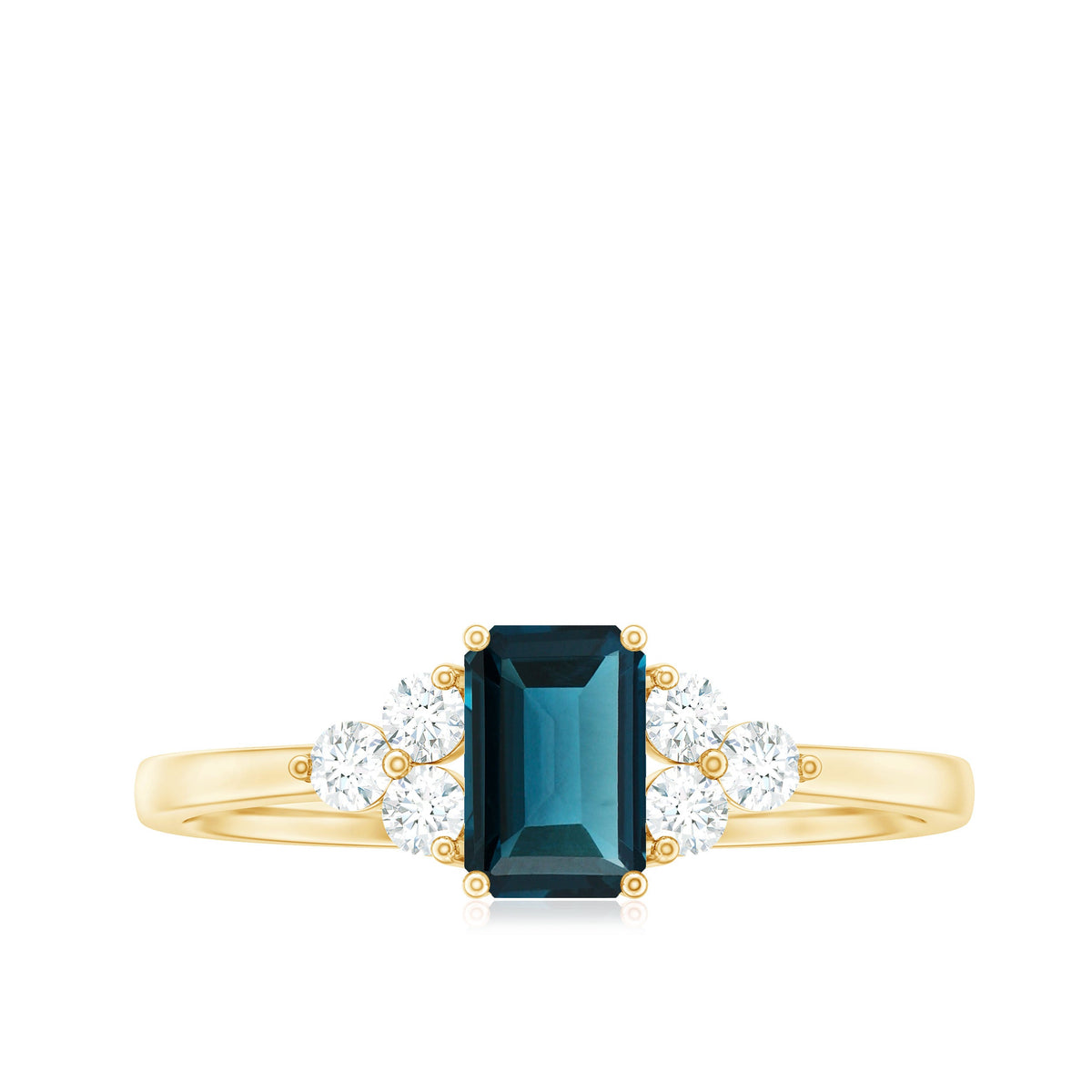 Anillo de compromiso de topacio azul de Londres talla esmeralda con trío de diamantes