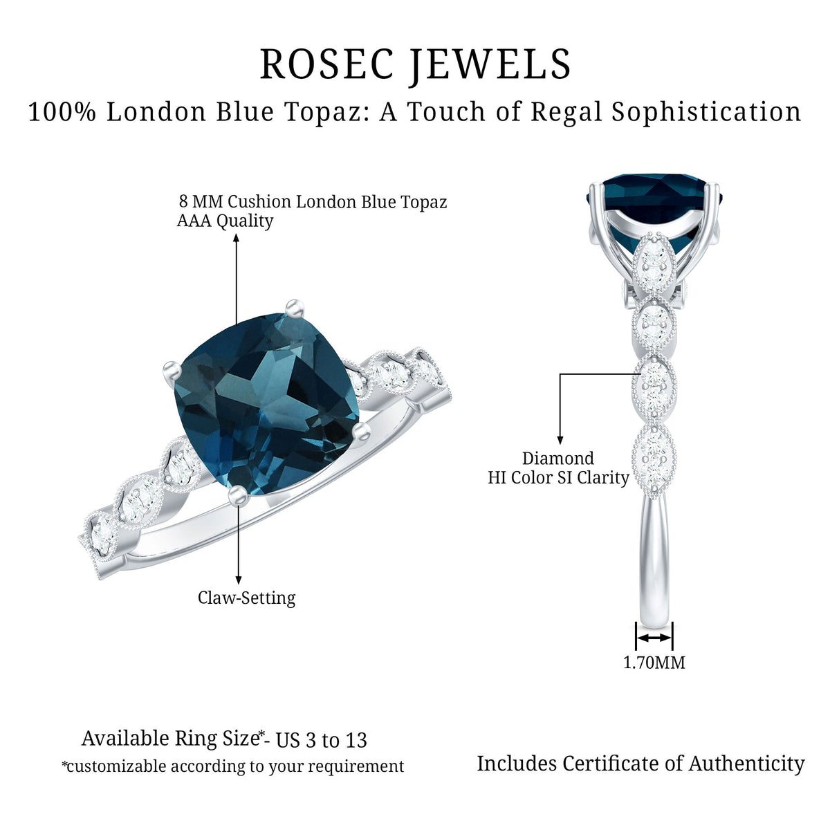 Cushion Cut London Blue Topaz Vintage Engagement Ring with Diamonds