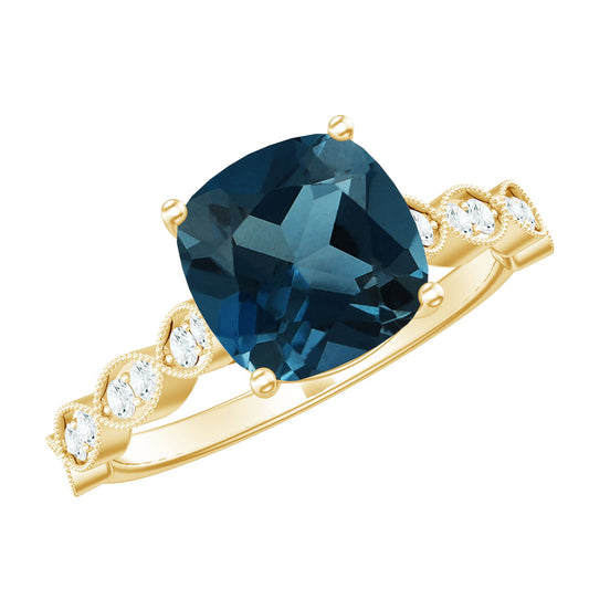 Anillo de Compromiso Vintage con Topacio Azul Londres de Talla Cojín y Diamantes