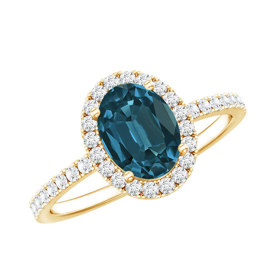 Anillo de Compromiso Clásico de Topacio Azul Londres Ovalado de 1 Quilate con Halo de Diamantes