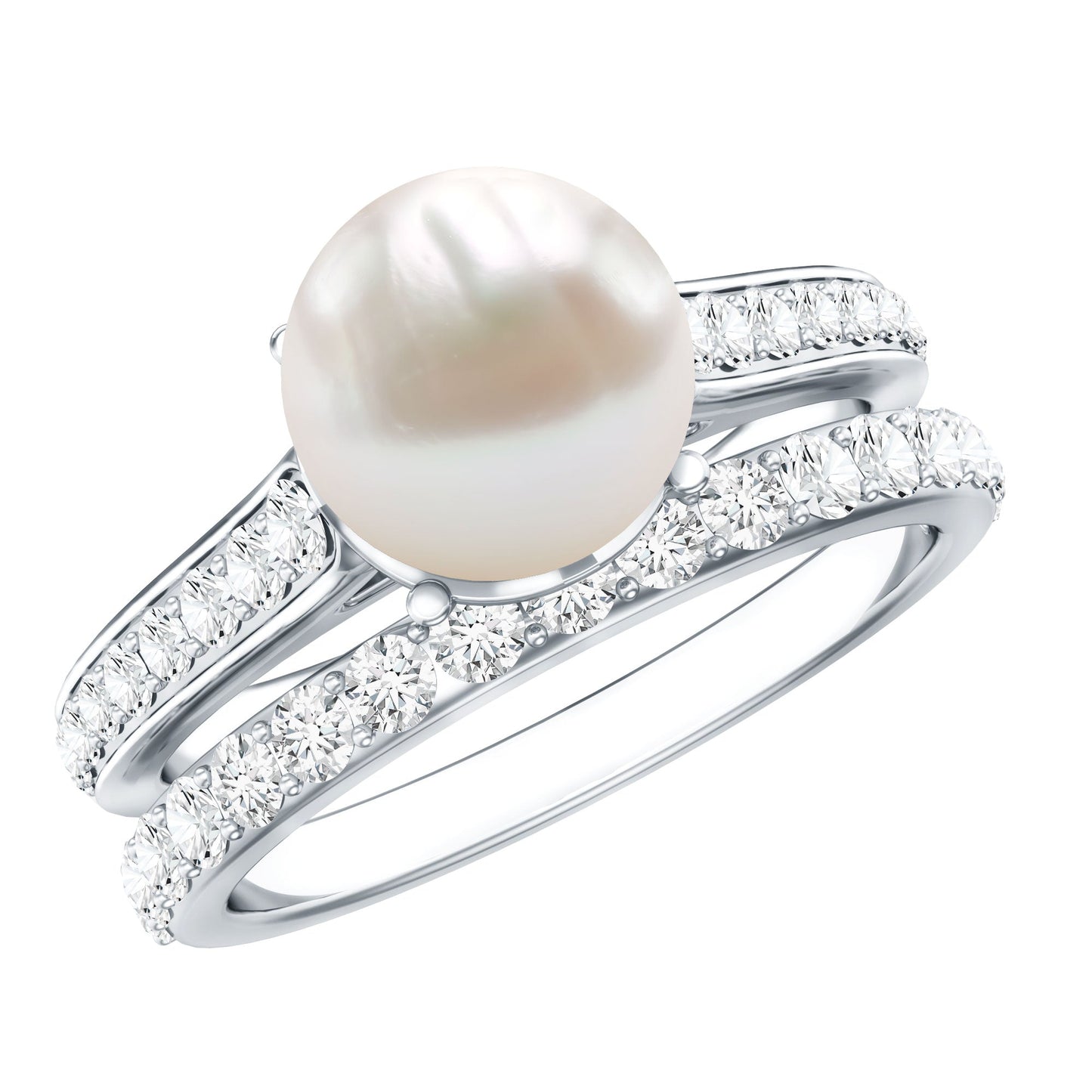 Juego de anillos de boda de perlas blancas naturales con moissanita