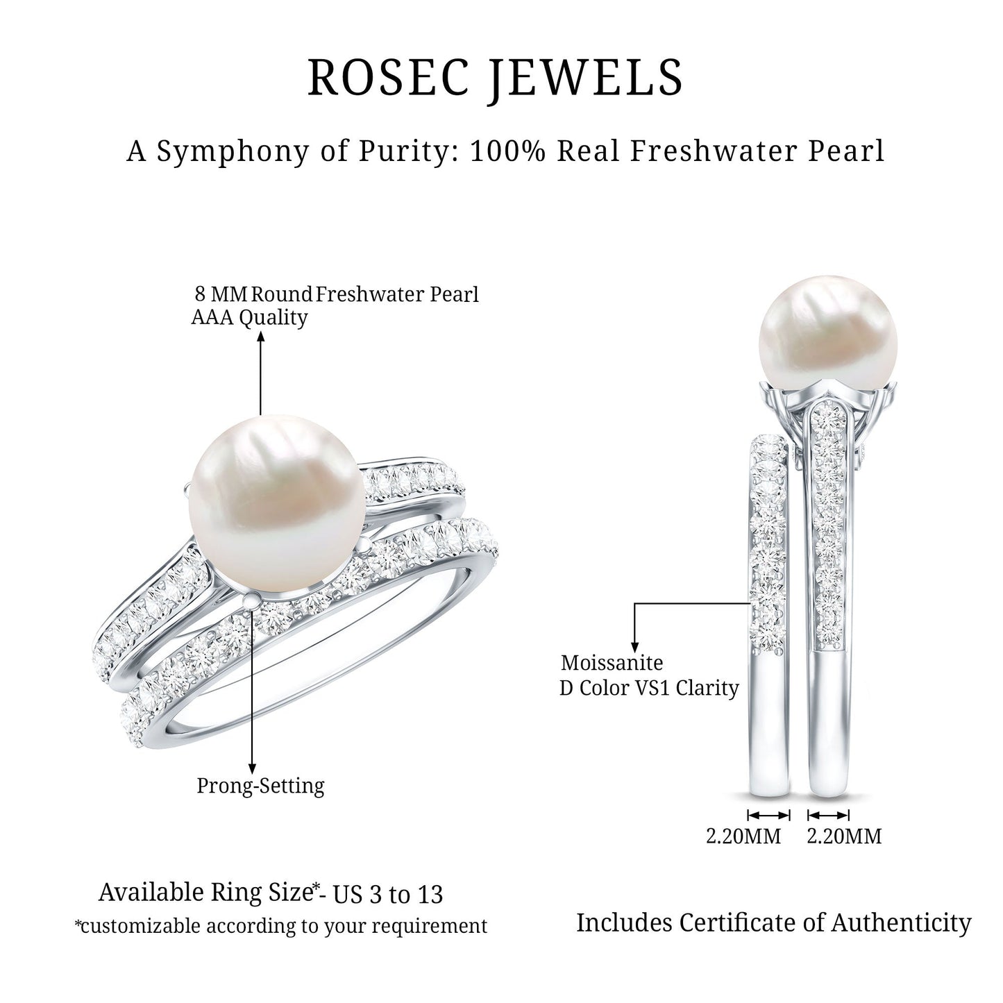 Juego de anillos de boda de perlas blancas naturales con moissanita