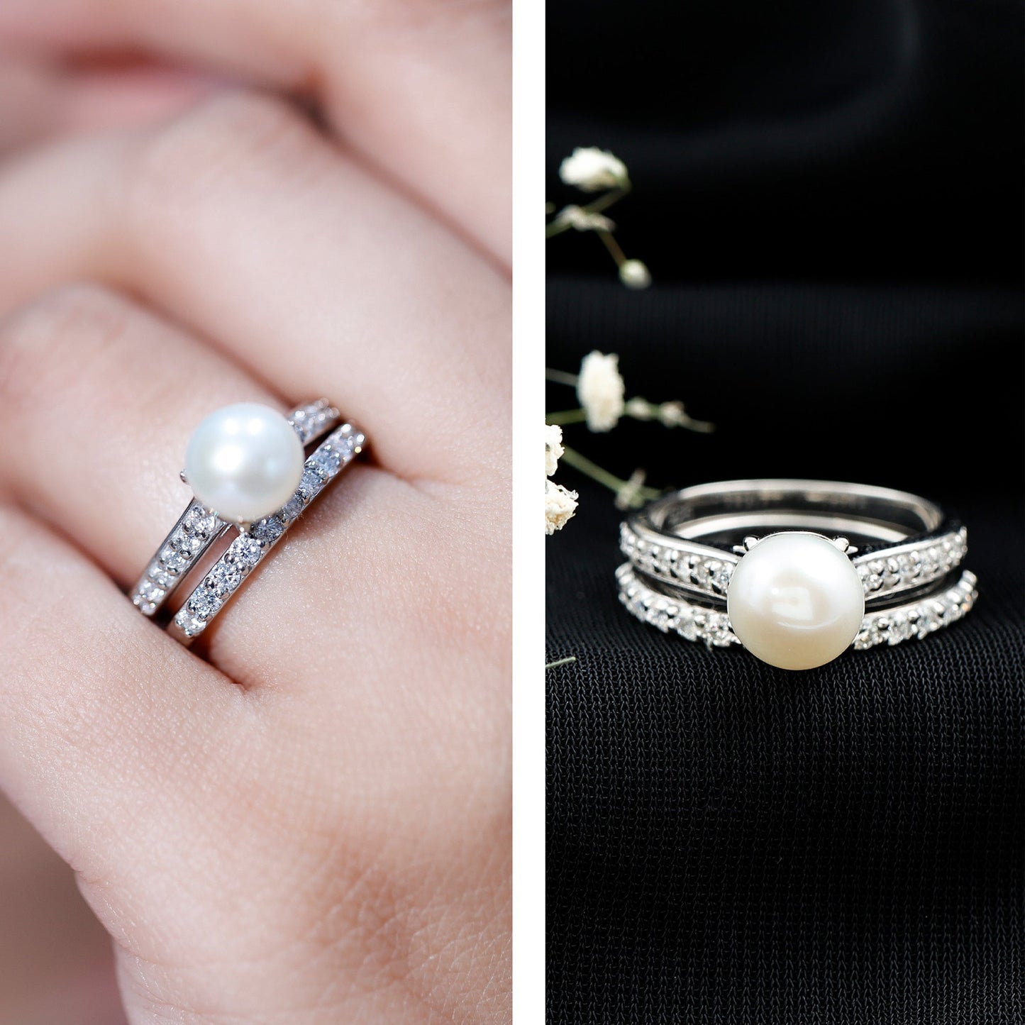 Juego de anillos de boda de perlas blancas naturales con moissanita