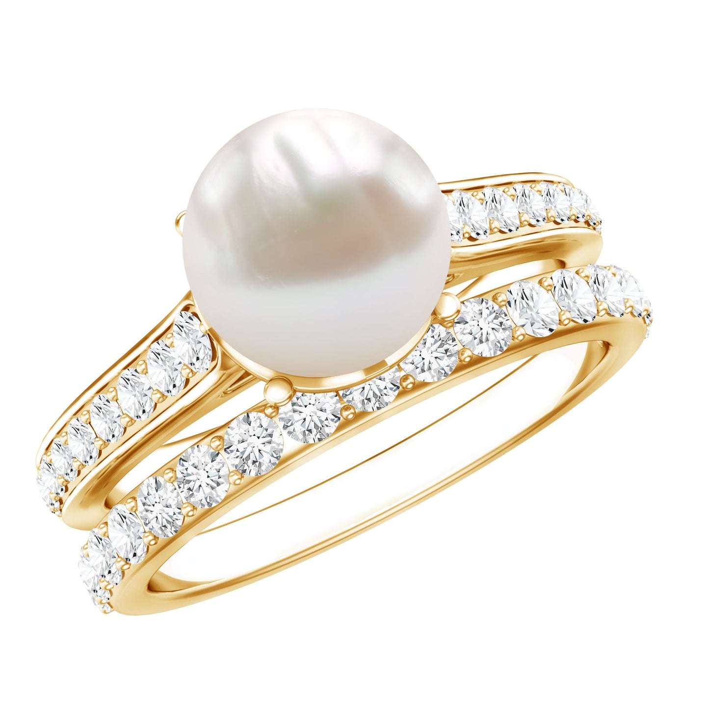 Juego de anillos de boda de perlas blancas naturales con moissanita