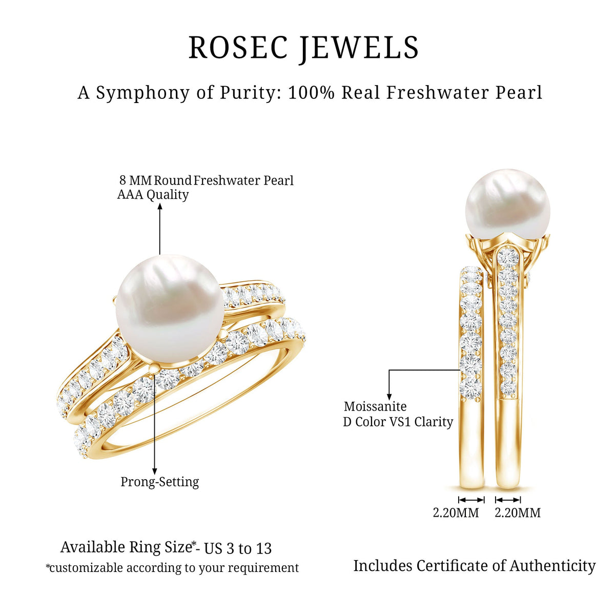 Juego de anillos de boda de perlas blancas naturales con moissanita