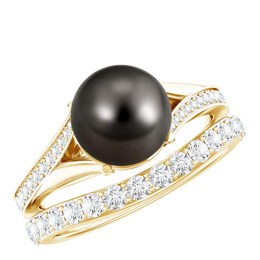 Juego de anillos de boda de perlas negras de Tahití con moissanita