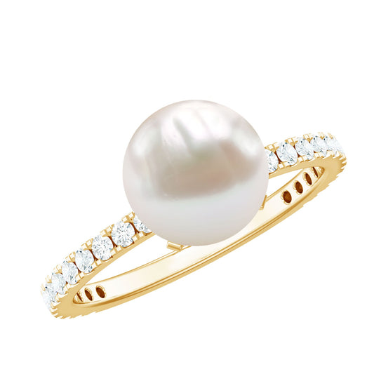 Anillo de compromiso solitario de perla cultivada de agua dulce de 7.4 quilates con diamante