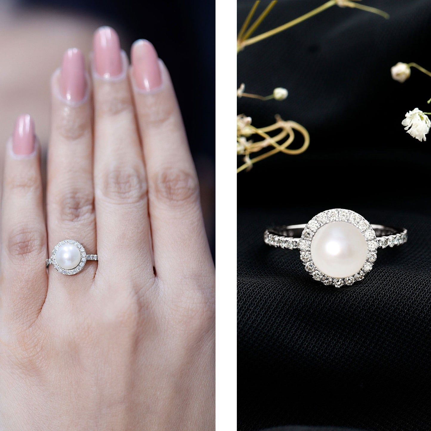 Cultured 7.4 Carat Freshwater Pearl Diamond Engagement Ring with Halo
