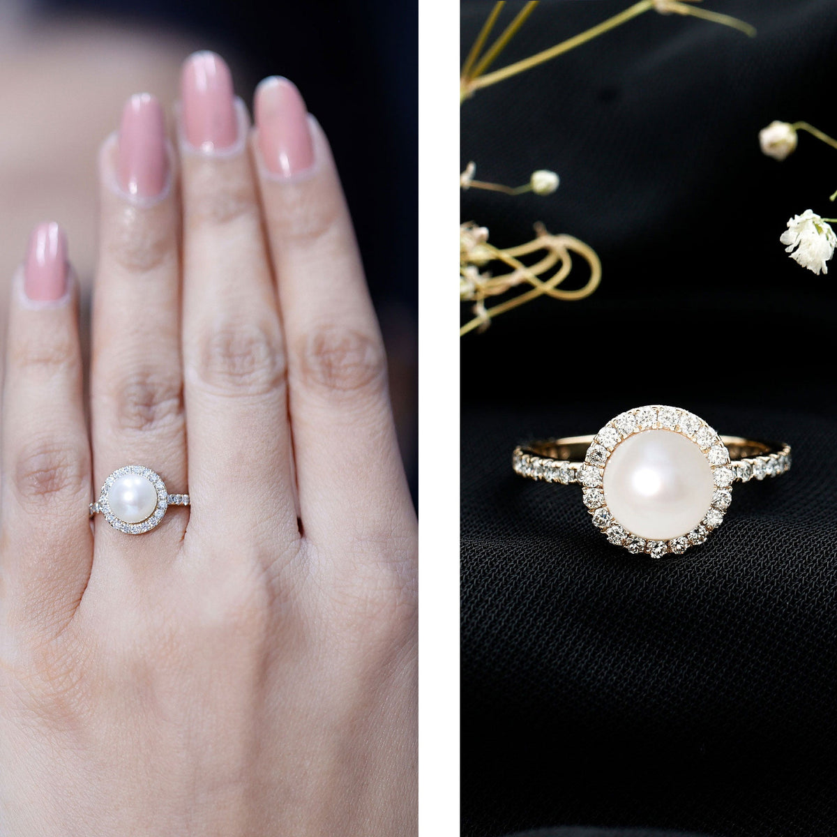 Cultured 7.4 Carat Freshwater Pearl Diamond Engagement Ring with Halo