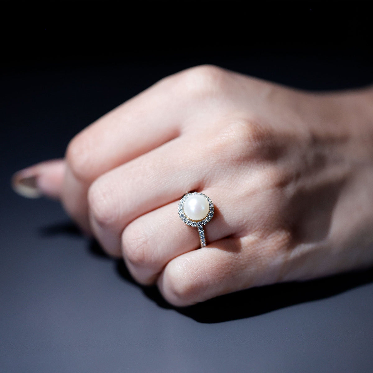 Cultured 7.4 Carat Freshwater Pearl Diamond Engagement Ring with Halo