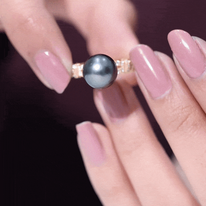 Anillo de compromiso de perla negra auténtica y diamantes de 7,5 quilates