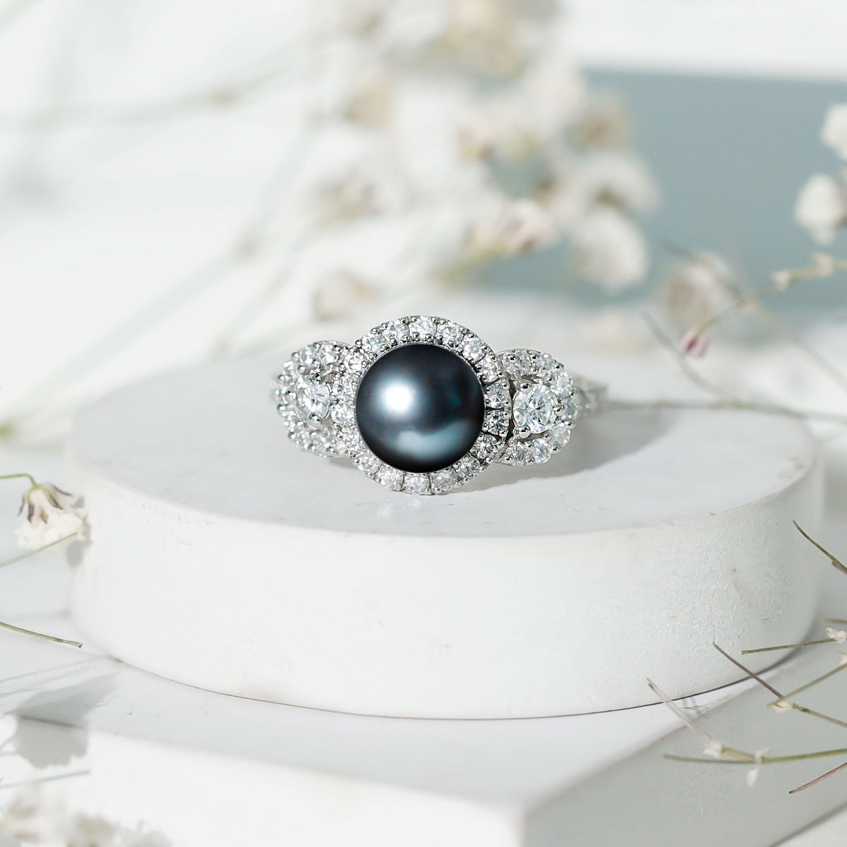 7.5 Carat Round Black Pearl Engagement Ring with Moissanite Accent