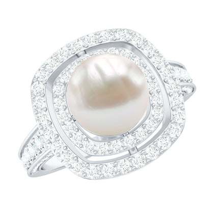 7.4 Carat Freshwater Pearl Double Halo Engagement Ring with Moissanite