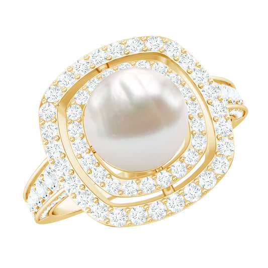 Anillo de compromiso de perlas de agua dulce de 7,4 quilates con doble halo y moissanita