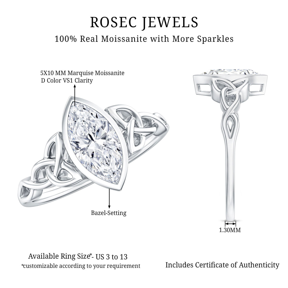 Anillo de Compromiso de Moissanita Corte Marquesa de 1 Quilate con Engaste de Bisel