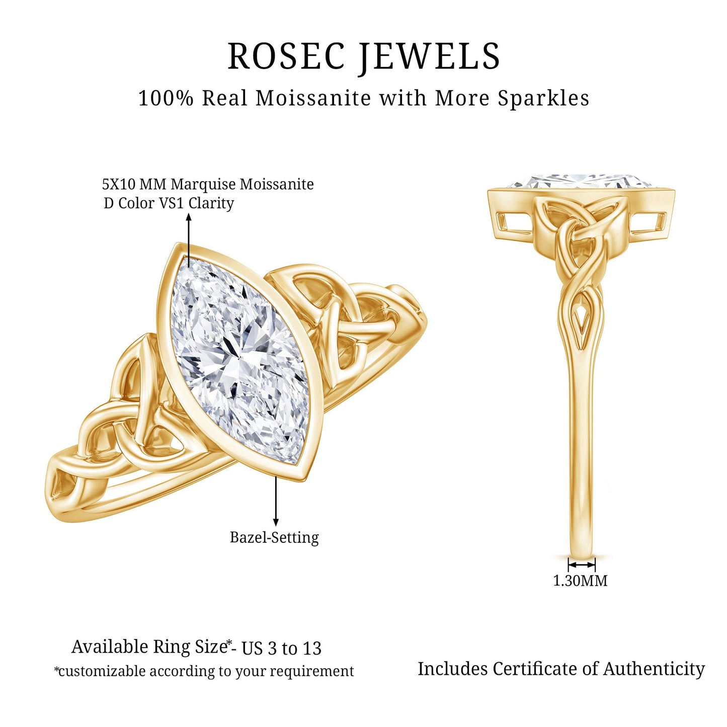 Anillo de Compromiso de Moissanita Corte Marquesa de 1 Quilate con Engaste de Bisel