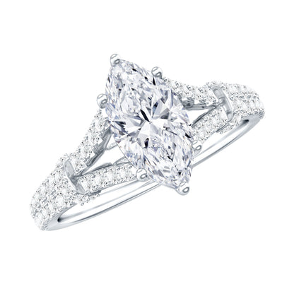 Anillo de compromiso solitario de moissanita talla marquesa en vástago dividido