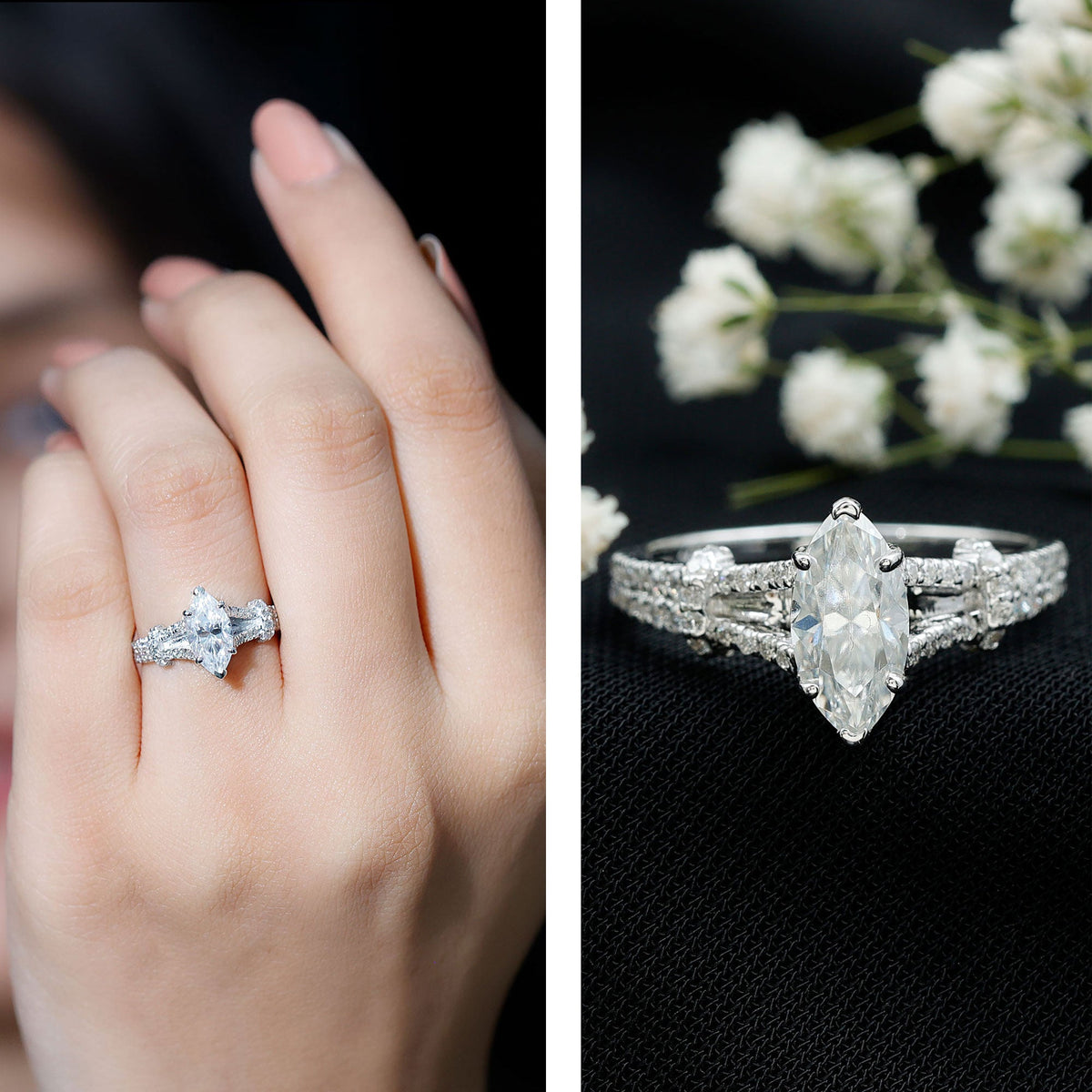 Anillo de compromiso solitario de moissanita talla marquesa en vástago dividido