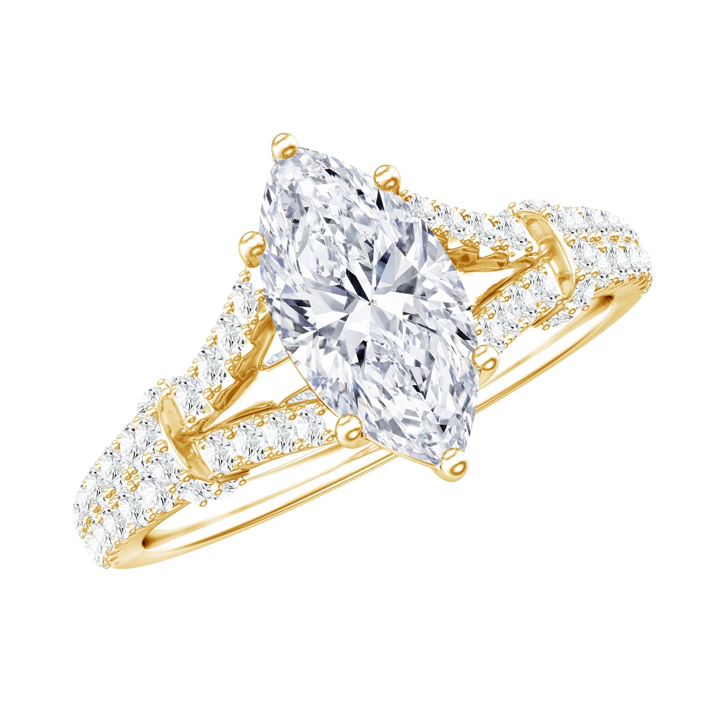 Anillo de compromiso solitario de moissanita talla marquesa en vástago dividido
