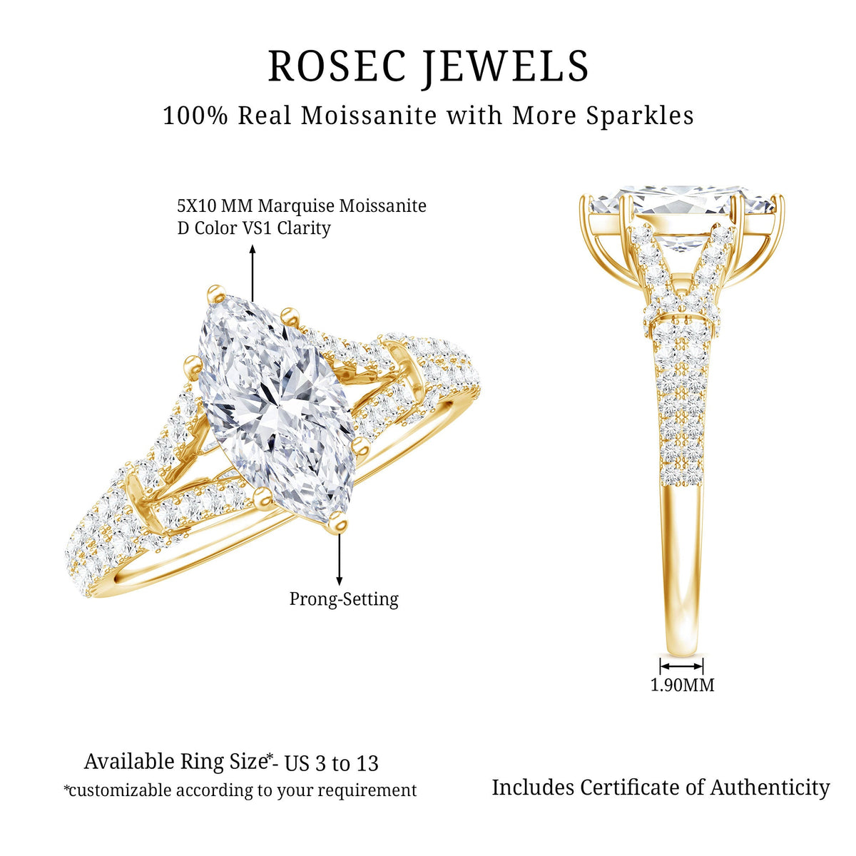 Anillo de compromiso solitario de moissanita talla marquesa en vástago dividido