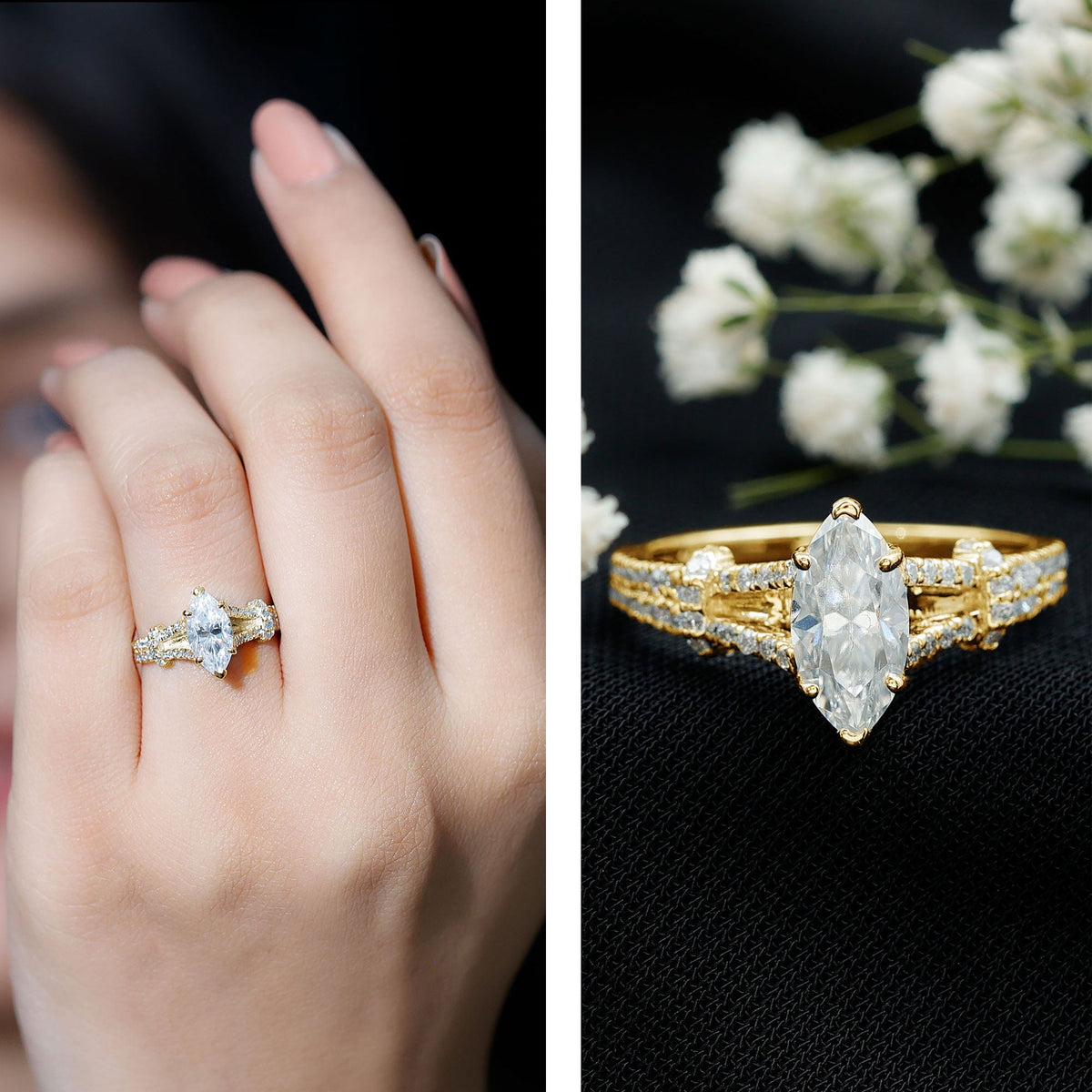 Anillo de compromiso solitario de moissanita talla marquesa en vástago dividido