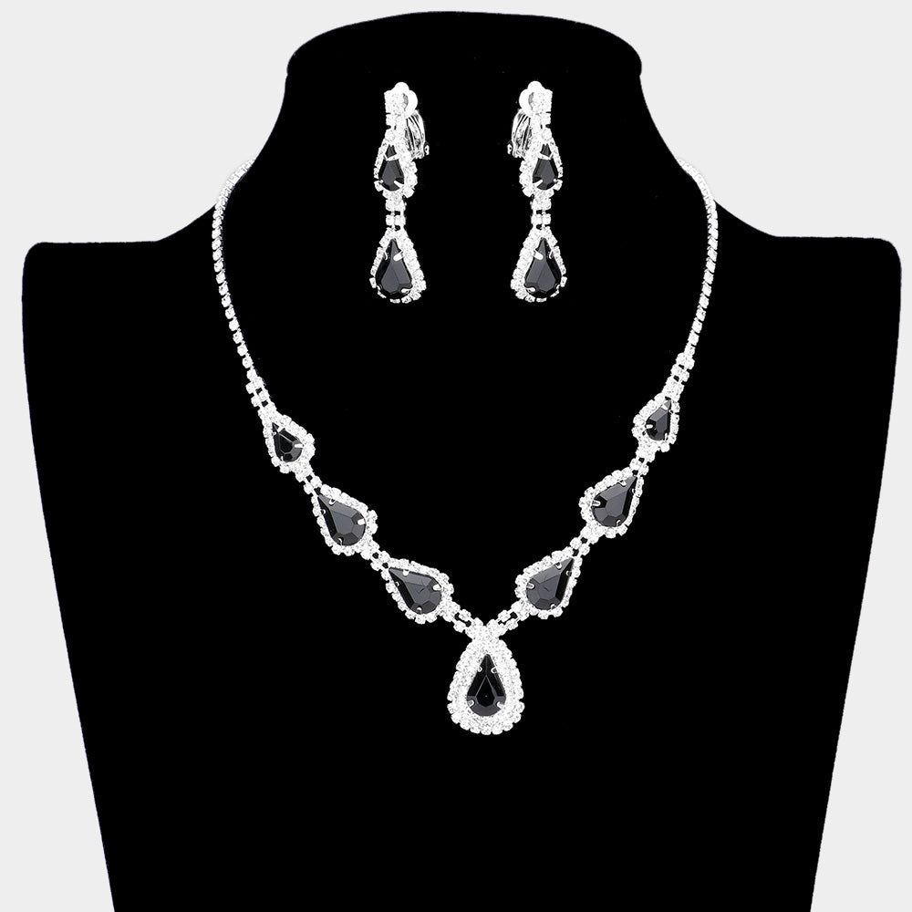 Teardrop Stone Accented Rhinestone Pave Necklace Clip on Earring Set