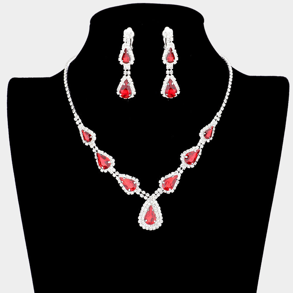 Teardrop Stone Accented Rhinestone Pave Necklace Clip on Earring Set