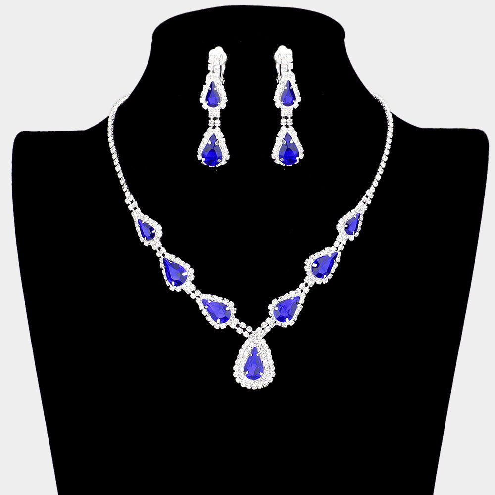 Teardrop Stone Accented Rhinestone Pave Necklace Clip on Earring Set